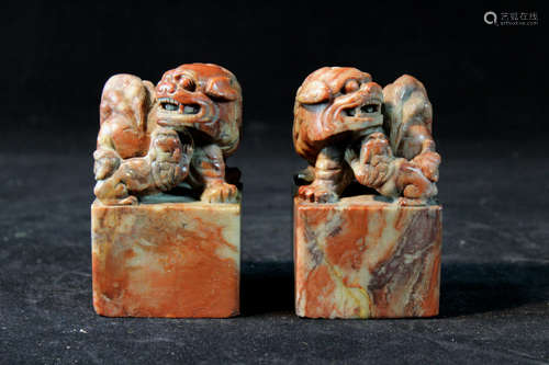 Pair Chinese Carved Foolion Seals