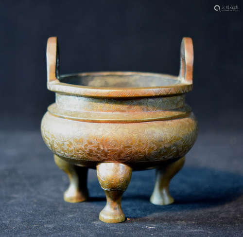 Chinese Bronze Censer with Incised Lotus Scene