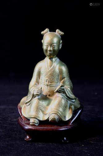 Chinese Bronze Boy on Rosewood Base