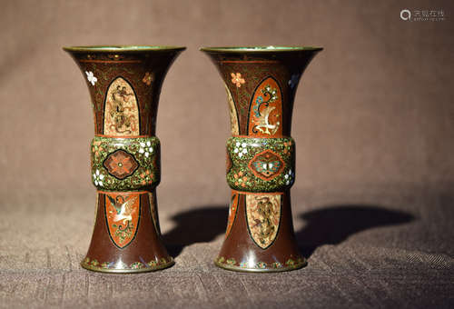 Pair Japanese Cloisonne Ku Vases