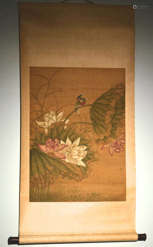 Chinese Scroll Painting on Silk - Bird on Lotus