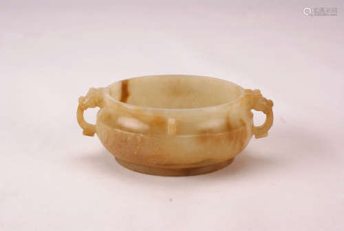 A Chinese Carved Jade Censer with Double Ears