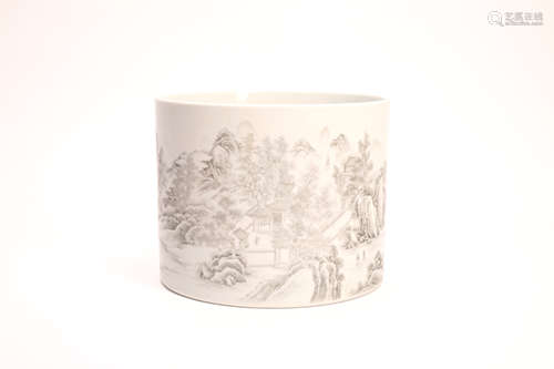 A Chinese Porcelain Brush Pot with Carved Landscape