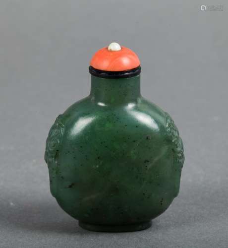 CHINESE SPINACH JADE FOOLION MASK SNUFF BOTTLE