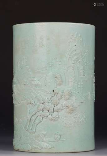 CHINESE TURQUOISE GLAZED BRUSH POT, MOUNTAIN SCENE