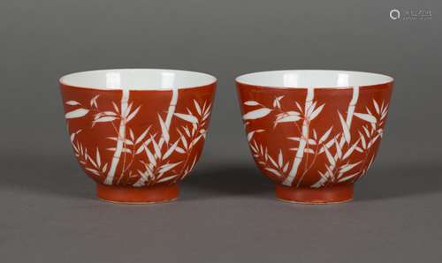 PAIR CHINESE CORAL RED GLAZED CUPS