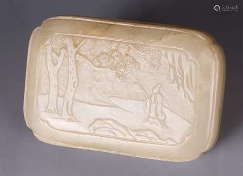 CHINESE WHITE JADE BOX WITH SCENERY, ZIGANG MARK