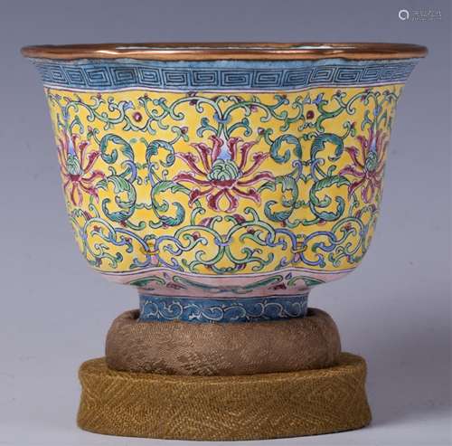 CHINESE GILT BRONZE ENAMEL LOBED CUP W/ MARK