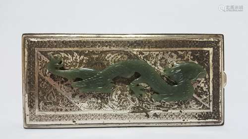 CHINESE SILVER BOX WITH SPINACH JADE DRAGON