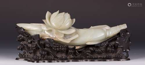 CHINESE WHITE JADE LOTUS GROUP WITH ZITAN STAND