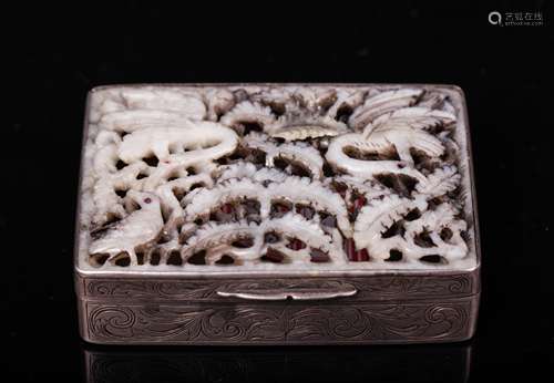 CHINESE WHITE JADE PLAQUE WITH SILVER BOX