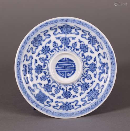 CHINESE BLUE & WHITE DISH W/ SHOU & EIGHT TREASURE