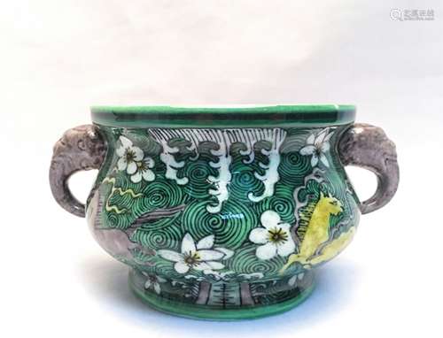 CHINESE SANCAI GLAZED ELEPHANT EAR CENSER