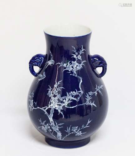 CHINESE BLUE GLAZED TWIN EAR ZUN VASE