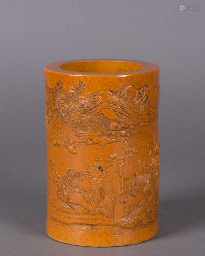 CHINESE YELLOW GLAZED MOUNTAIN SCENE BRUSH POT