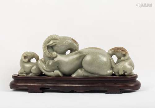 CHINESE CELADON JADE CARVED RAM GROUP