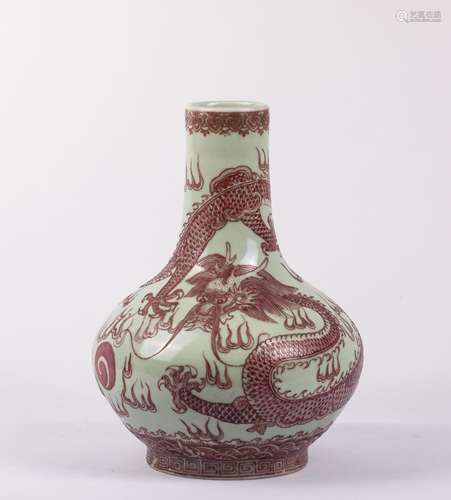 CHINESE CELADON GLAZED RUBY ENAMELED DRAGON VASE