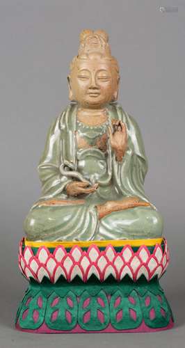 CHINESE LONGQUAN GLAZED FIGURE OF GUANYIN