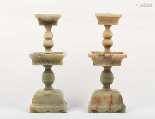 PAIR OF CHINESE CELADON JADE CANDLE STANDS