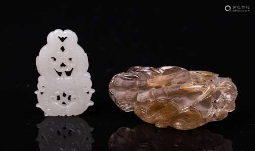 CHINESE WHITE JADE PLAQUE AND CRYSTAL CARVING