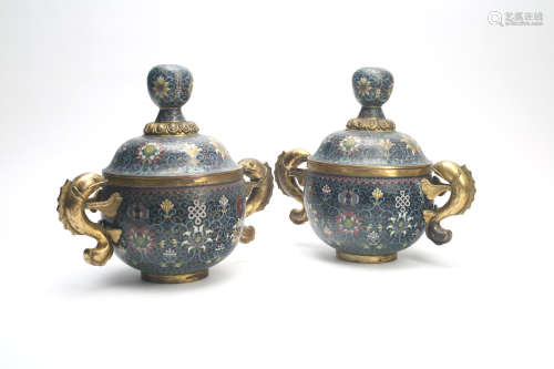 A Pair of Chinese Cloisonné Incense Burners with Covers