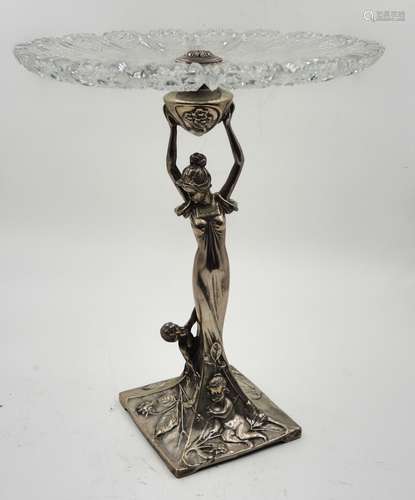 SILVER PLATED AND GLASS ART NOUVEAU CENTERPIECE