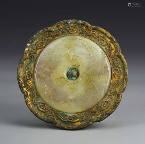 Antique Chinese Bronze Mirror With Jade Inlay