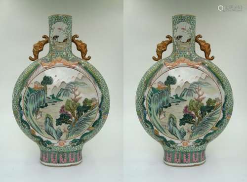 PAIR OF CHINESE FAMILLE VERTE MOON FLASKS