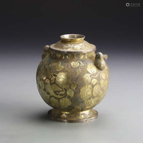 Chinese Gilded Silver Jar with Cover