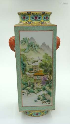 CHINESE FAMILLE ROSE SQUARE CONG VASE