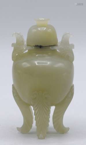 Chinese Carved Jade Tripod Vase with Cover