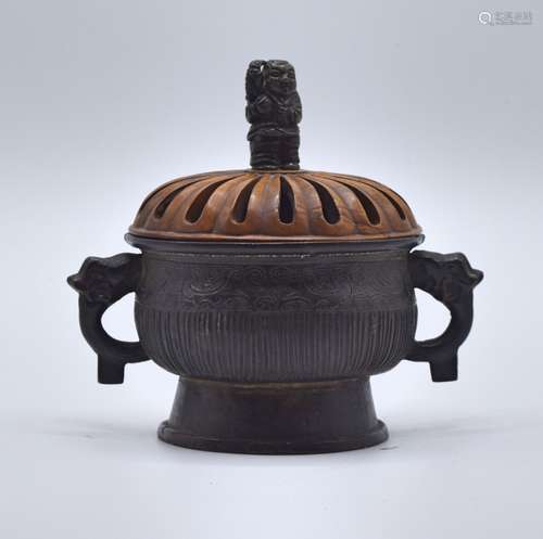 Chinese Bronze Censer, Wood Cover with Jade Finial