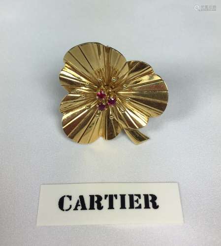 Cartier 14K Yellow Gold Ruby Pansy Clip Brooch