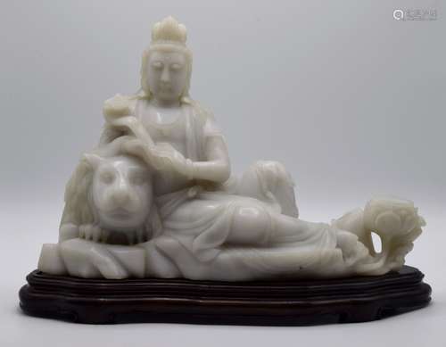 Chinese Jade Carving of Guanyin and Lion