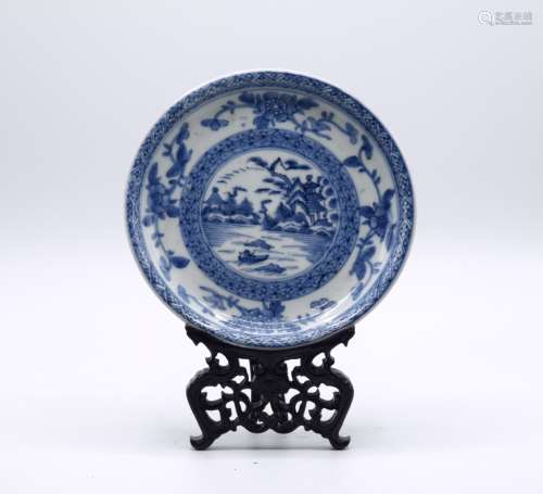Chinese Blue and White Charger on Hardwood Stand