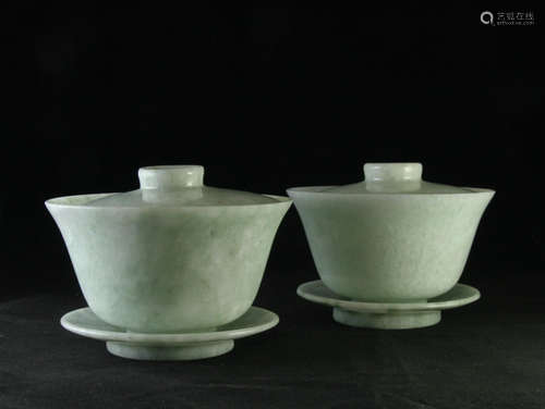 PAIR OF CHINESE JADEITE LIDDED CUPS WITH SAUCERS