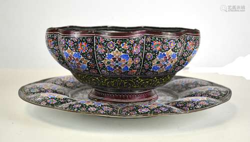 Persian Copper Enamel Bowl & Plate