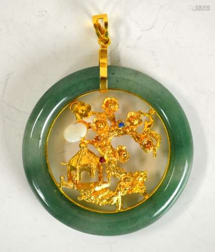 Chinese Jade Circle w 24K Gold Insert Pendant
