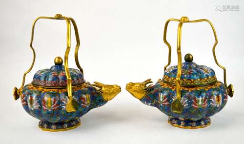 Pair Chinese Cloisonne Triple-Handled Water Pots