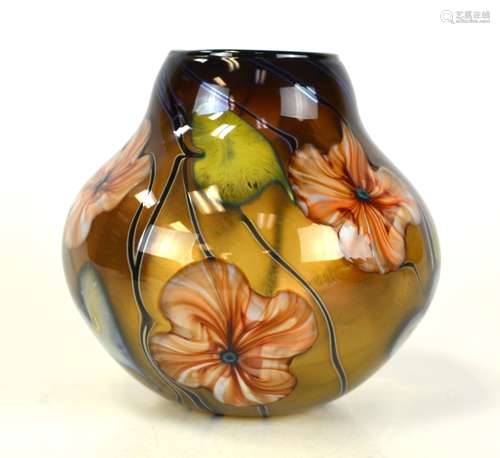 Charles Lotton Brown Art Glass Vase 1982 Signed