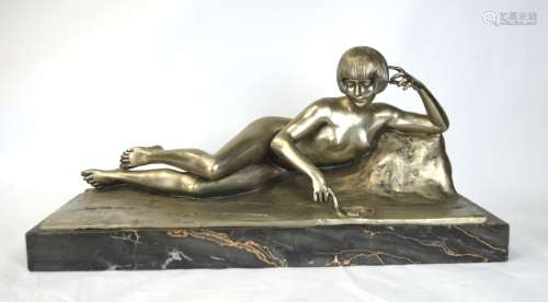 Art Deco Signed Silver Bronze nude w. Marble Base