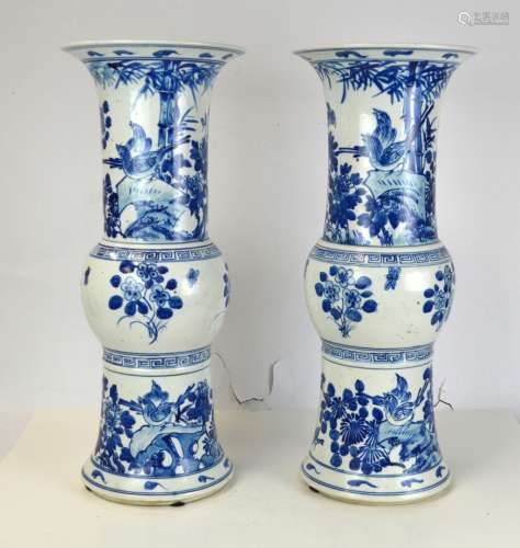 Pair Chinese Blue& White Tall Vases