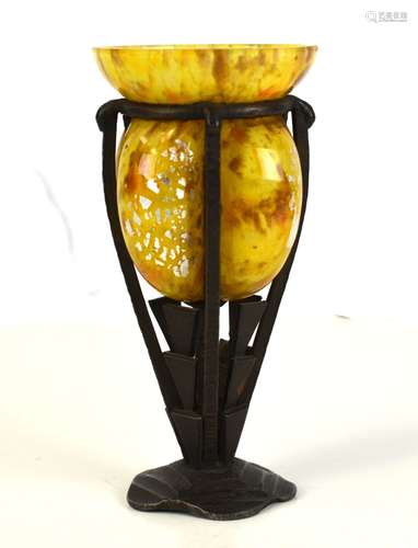 Yellow Art Deco Style Glass on Iron Stand