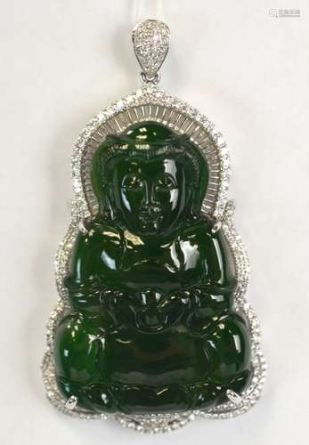 Chinese Carved Jadeite,18K Gold, & Diamond Pendant