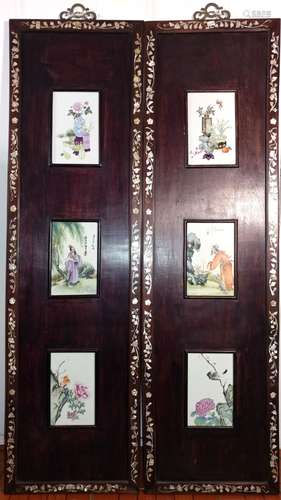 Pr Chinese Wood Framed Porcelain Plaque Panels