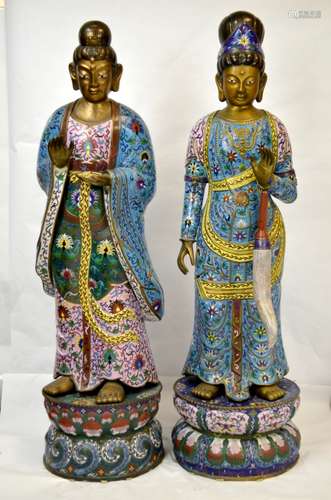 Two Tall Chinese Cloissone & Gilded Bronze Ladies