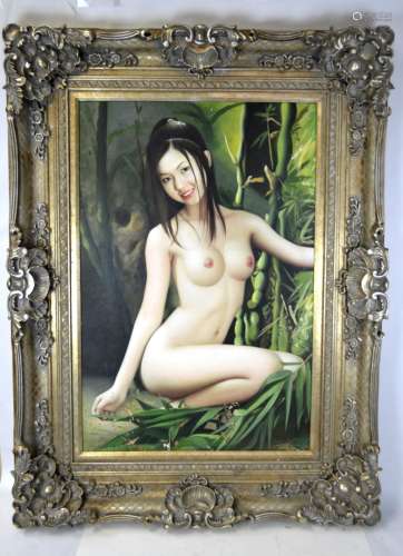 Large Framed Oil Painting of Nude Oriental Lady