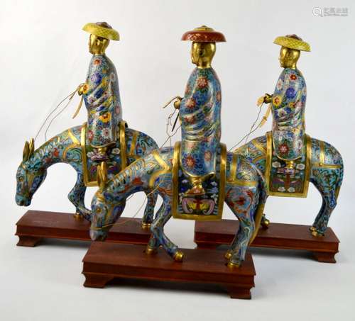 Three Chinese Cloisonne Figures on Donkey