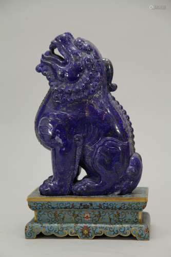 A Large Lapis Carved Lion w/ Enamel Stand