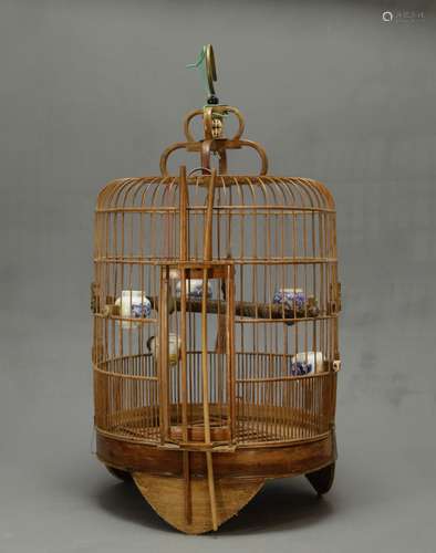 Chinese Wood Bird Cage w/ Porcelain Bird Feeders